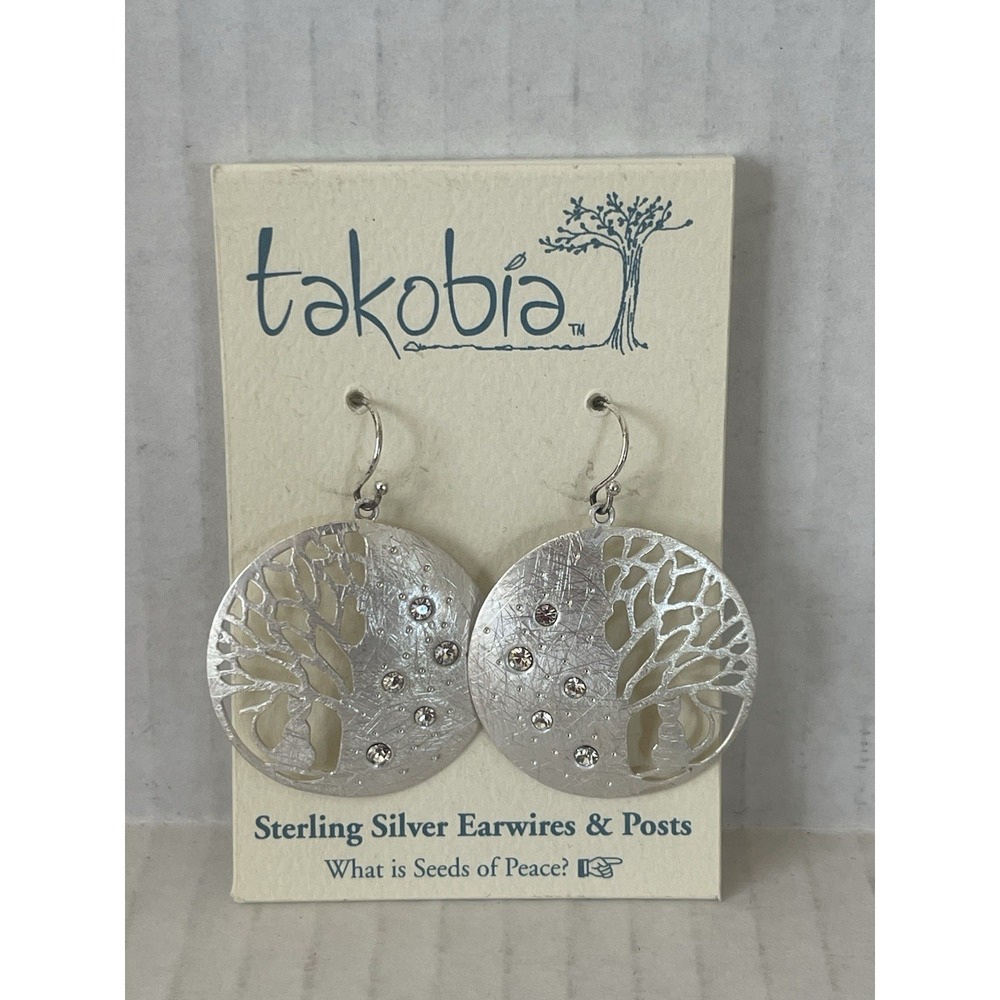 Takobia Tree of Life Cat Earrings Silver Tone Crystal Sterling Earwires NWT